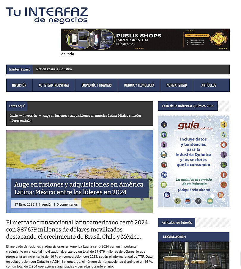 Auge en fusiones y adquisiciones en Am�rica Latina: M�xico entre los l�deres en 2024